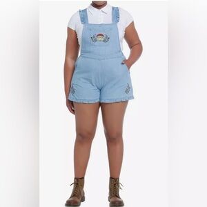 4X NWT Hot Topic- Blue embroidered shortalls w/ frog mushroom and floral design.